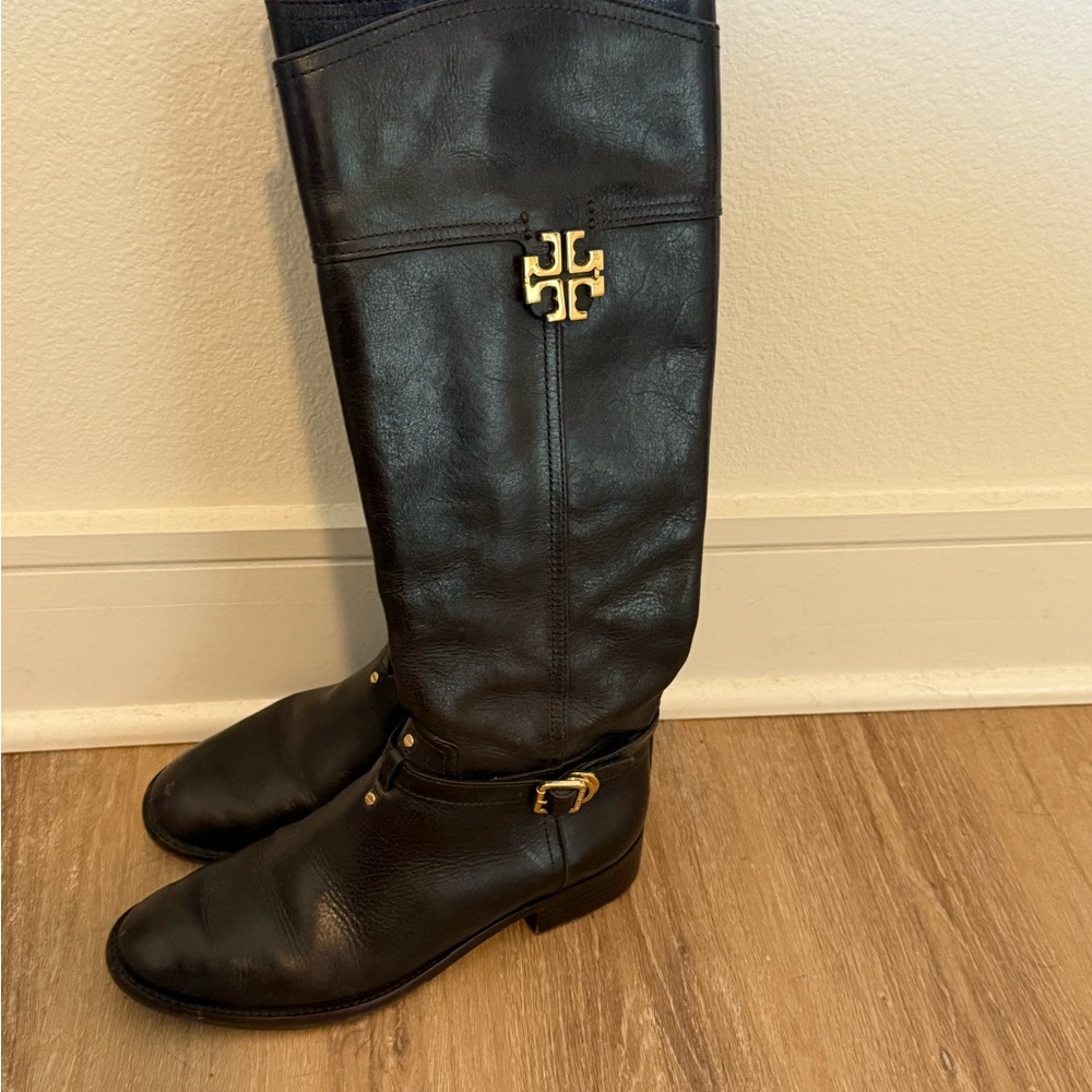 Tory Burch Dark Brown Riding Boots with Gold Emblem